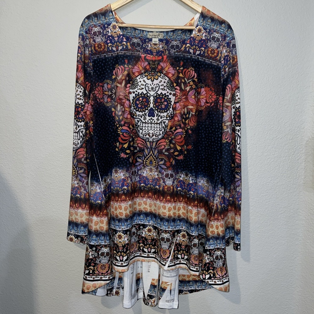 One World Wear MULTICOLOR Tunic Top Skull Mall Goth Punk Y2K Crinkle XL